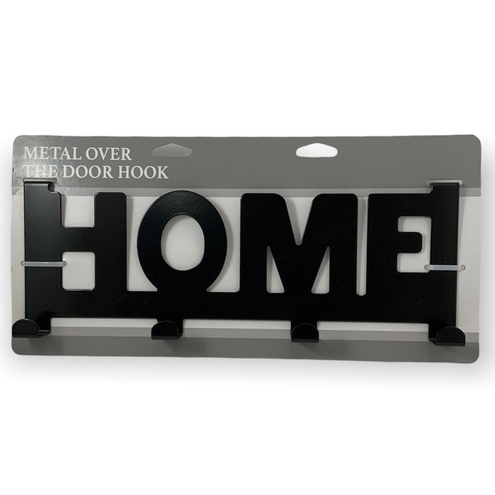 Over The Door Hook Rack 4 Hooks Black Matte Finish Metal “HOME”